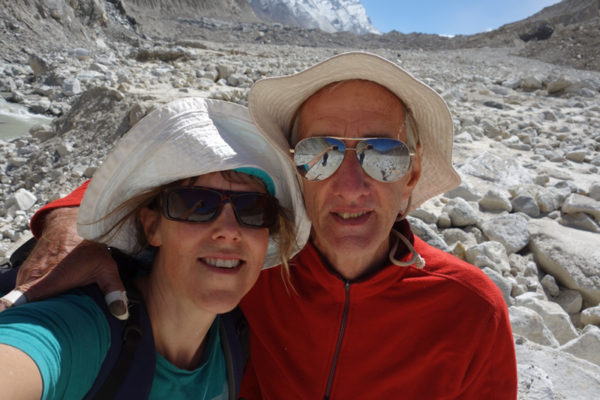 Miri Albahari and her husband David Godman on the Gaumukh boulder field