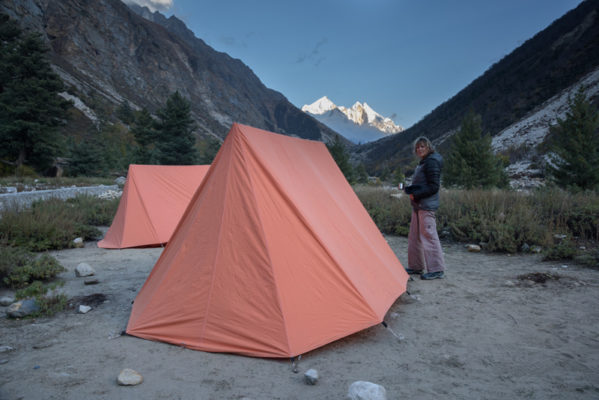 Miri Albahari, David Godman's wife, standing outside her tent at Tapovan.