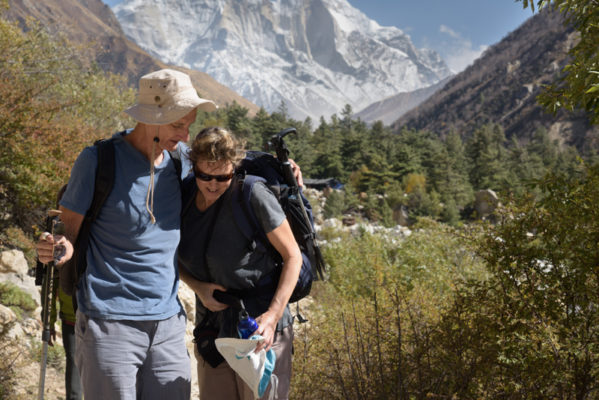 David Godman with arm around his wife Miri Albahari in Gangotri